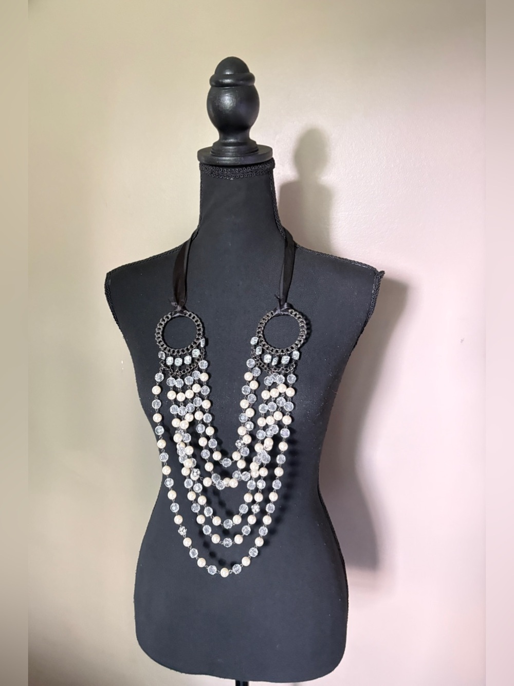 Coquette multi-strand statement necklace black ribbon faux pearls crystals EUC
